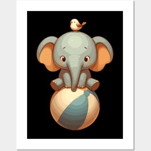 Kawaii Circus Elephant with bird On Ball Posters and Art